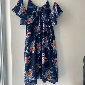 Navy Blue Floral Off the Shoulder Mini Dress